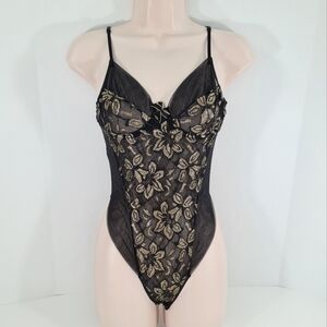 Vintage Myonne Black/Gold Floral Embroidery Bodysuit Teddy Lingerie Size M